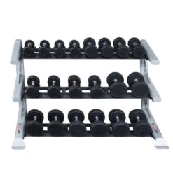 Fitness Equipment Sales -Fitness Equipment Sales Body Solid ProClub SDKR1000SD 3 Tier Saddle Dumbbell Rack 3D View With Dumbbells