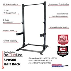 Body-Solid Pro Clubline Commercial Half Rack SPR500 -Fitness Equipment Sales body solid pcl spr500 quick info strength warehouse