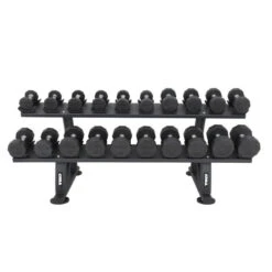 TKO Strength 10-Pair Dumbbell Saddle Rack -Fitness Equipment Sales tko strength 10 pair dumbbell rack front view with dumbbells
